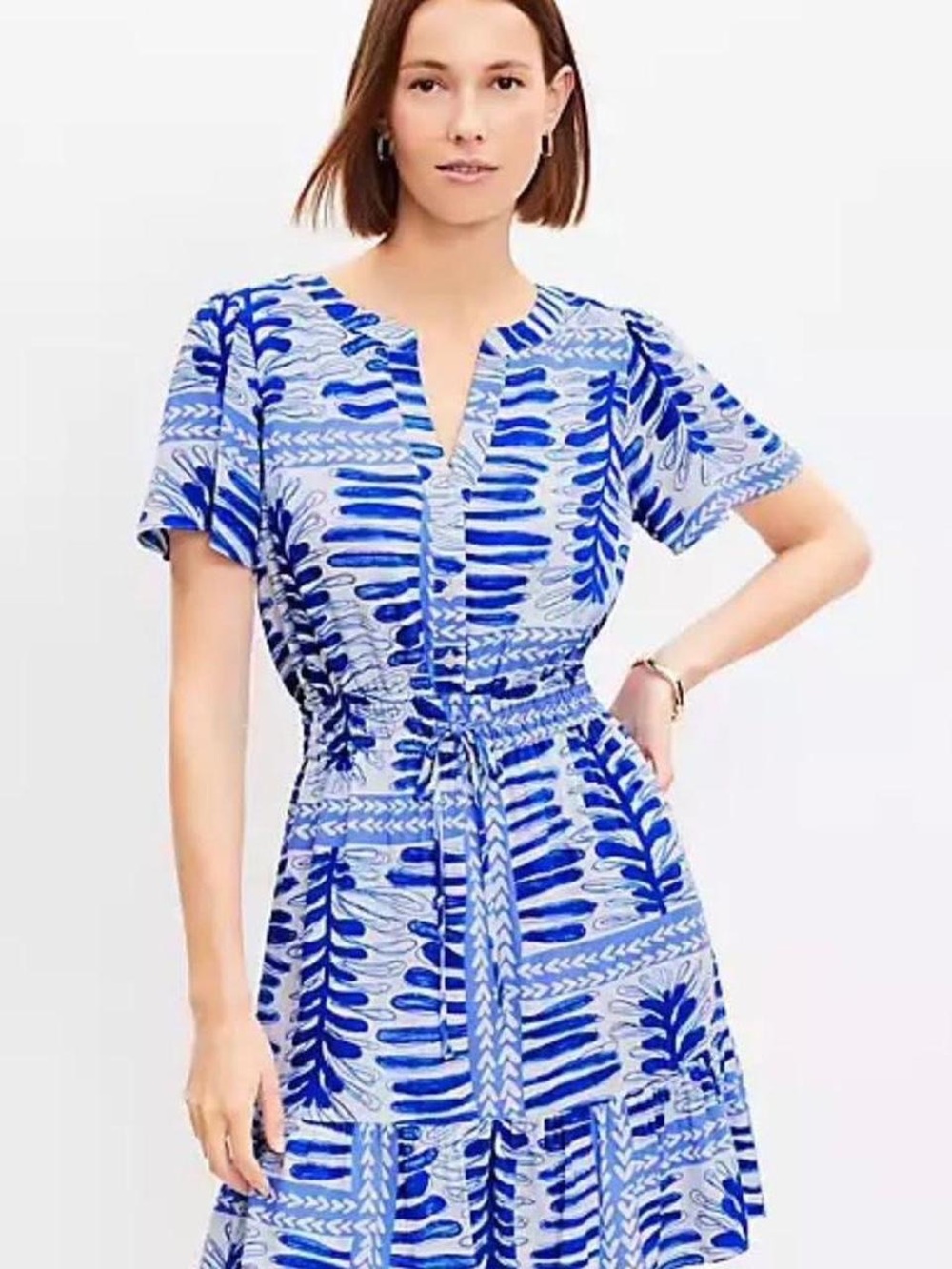 Loft Blue & White Printed Short Sleeve Dress